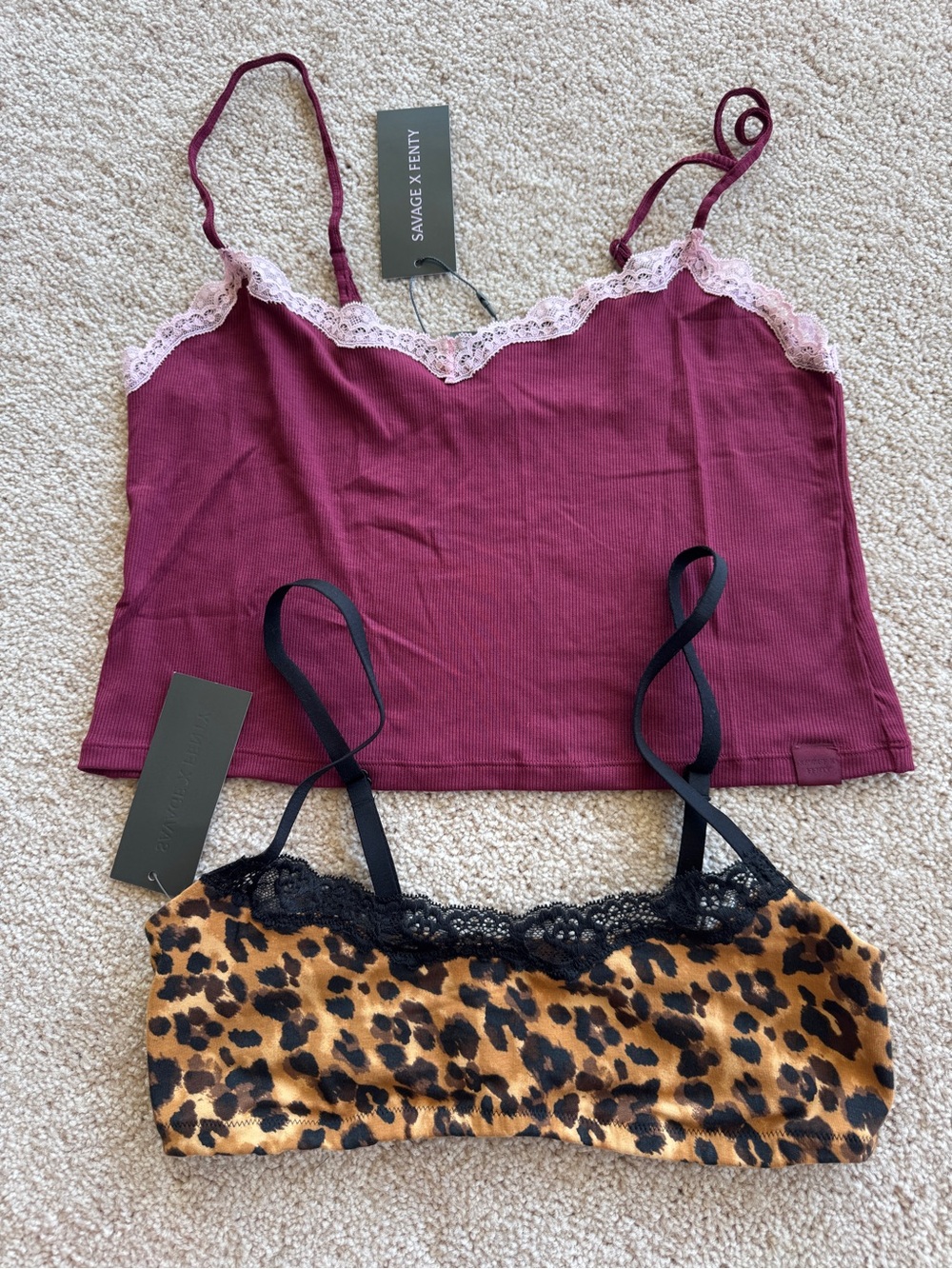 Savage X Fenty Burgundy Cami with Pink Lace & Leopard Bralette